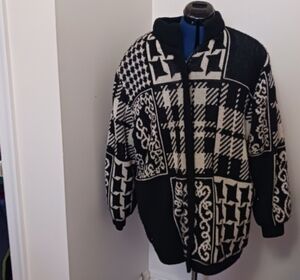 Vtg Coat Knit Womens Medium B&W Abstract Zip Up